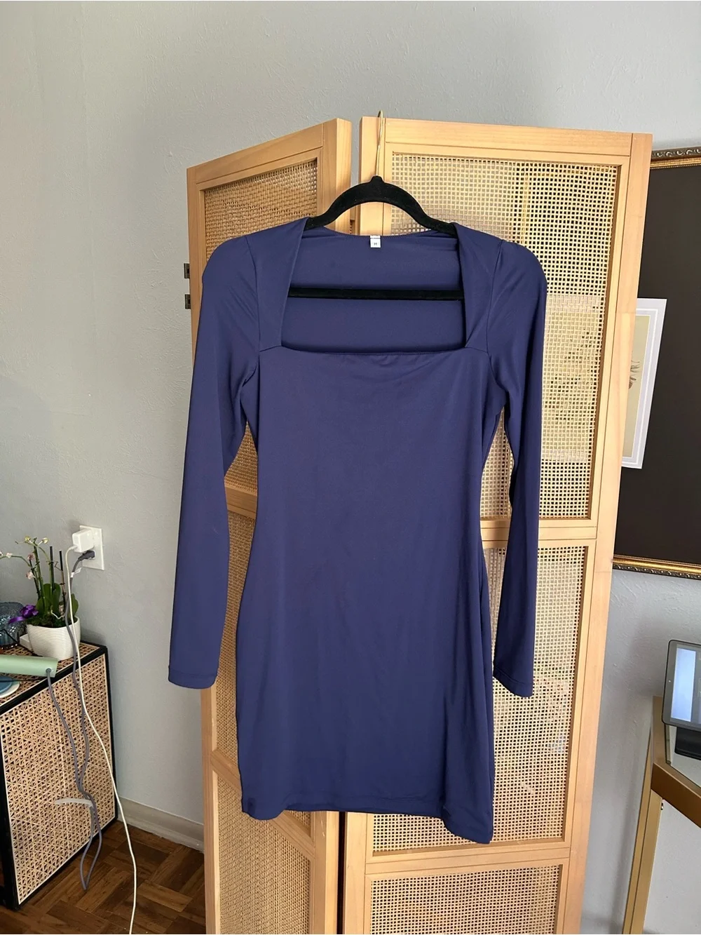 Navy Blue Square Neck Bodycon Mini Dress Long Sleeve Size M - Picture 4 of 6